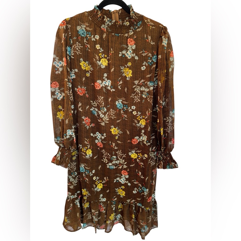 Brown Floral Long-Sleeve Ruffle Hem Dress